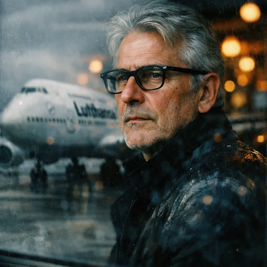 KI-generiertes Travel-Visual: Porträt eines älteren Mannes mit Brille vor einem Lufthansa-Flugzeug auf einem verregneten Rollfeld – produziert von The Impression.