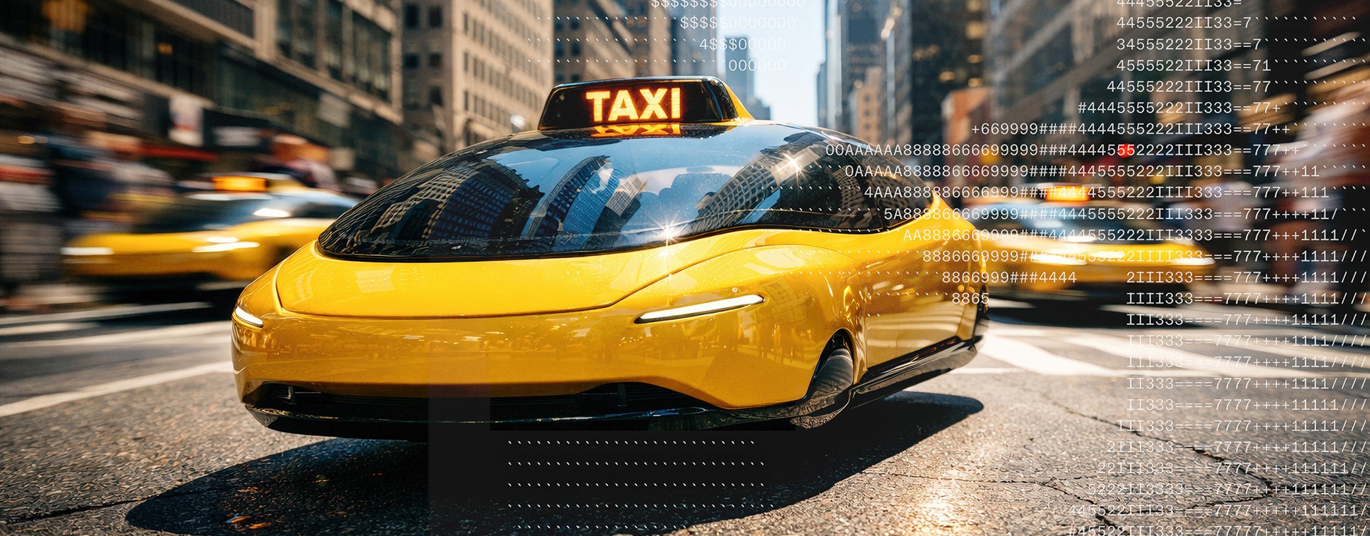 Dynamisches Hero-Image: Ein gelbes futuristisches Taxi in New York, das mit digitalem ASCII-Code verschmilzt, repräsentiert die KI-gestützte Automotive-Visualisierung und Stadt-Simulation von The Impression.