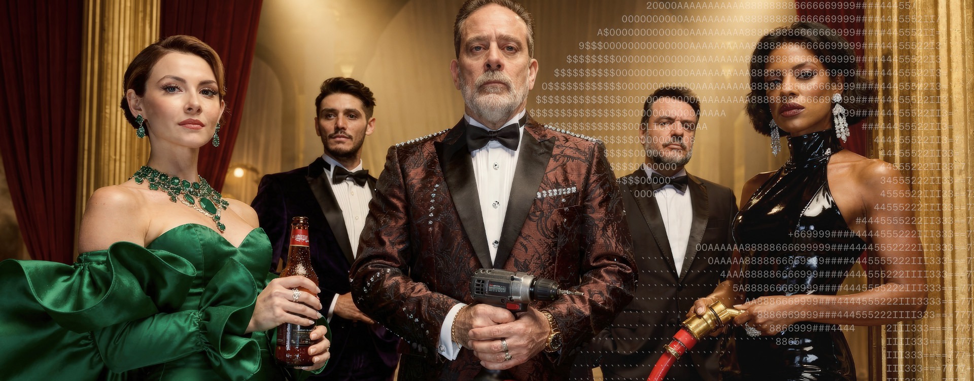 Finaler High-End Hero-Shot: Schauspieler in Gala-Garderobe halten eine Bohrmaschine und eine Gartenschlauch-Düse vor goldenen Säulen, Fokus auf Material-Kontraste und Licht-Veredelung von The Impression.