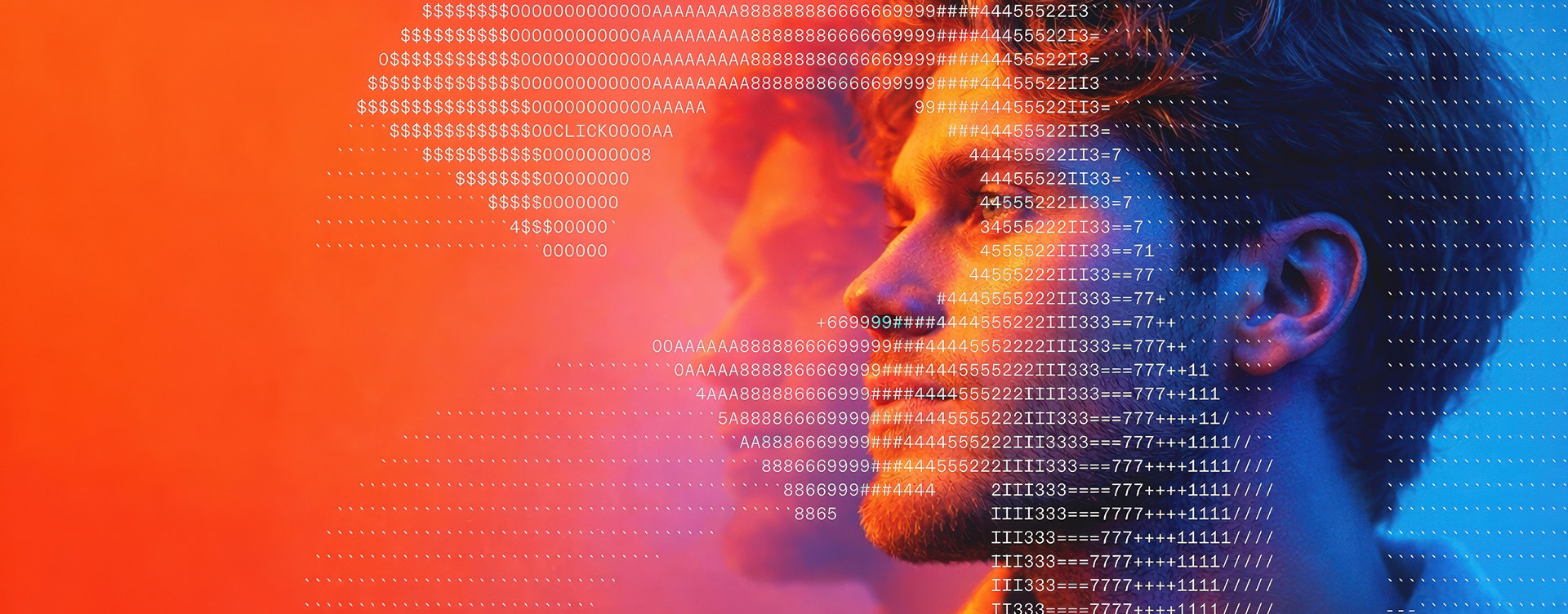 Farbenfrohes Hero-Image in Blau und Orange: Profilansichten von Menschen, die mit digitalem ASCII-Code verschmelzen, repräsentiert die dynamische KI-Bildproduktion und Skalierbarkeit von The Impression.