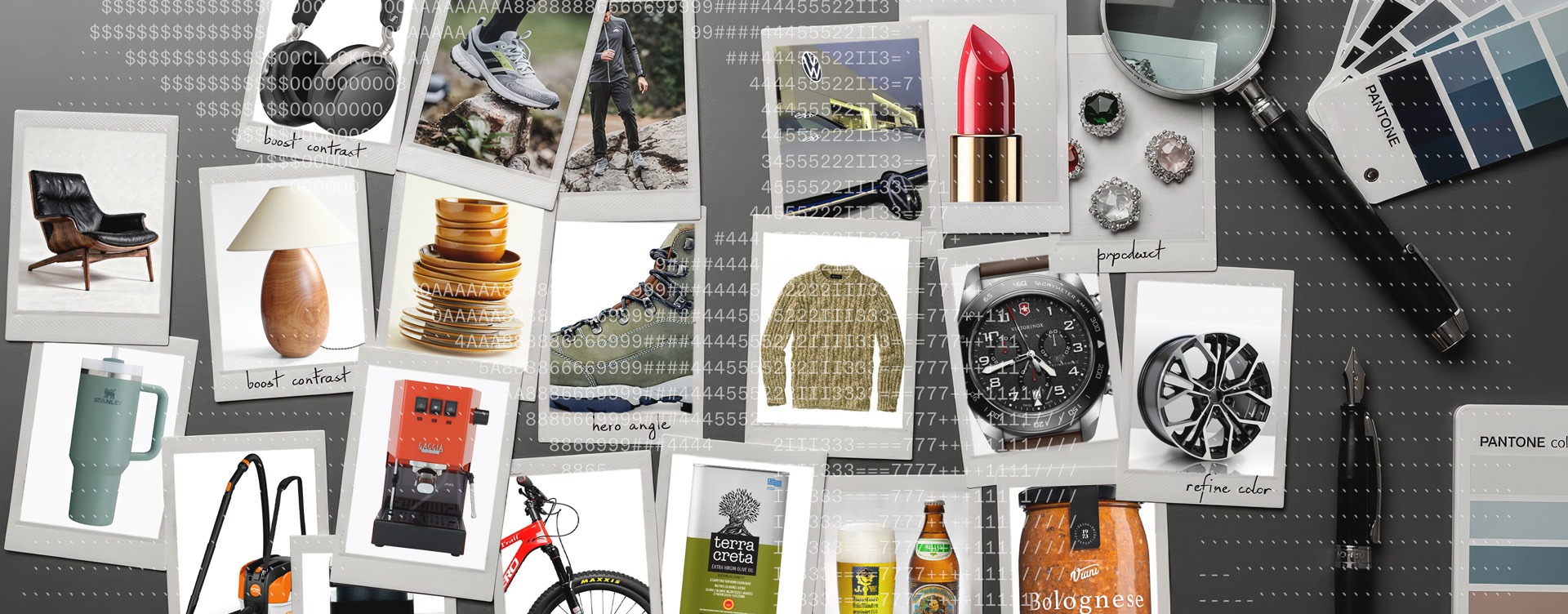 Draufsicht auf einen modernen grauen Studiotisch mit zahlreichen Sofortbildern verschiedener E-Commerce-Produkte (Schuhe, Uhren, Möbel, Getränke), Lupe, Pantone-Fächer und technischem Code-Overlay, Hero-Image von The Impression.