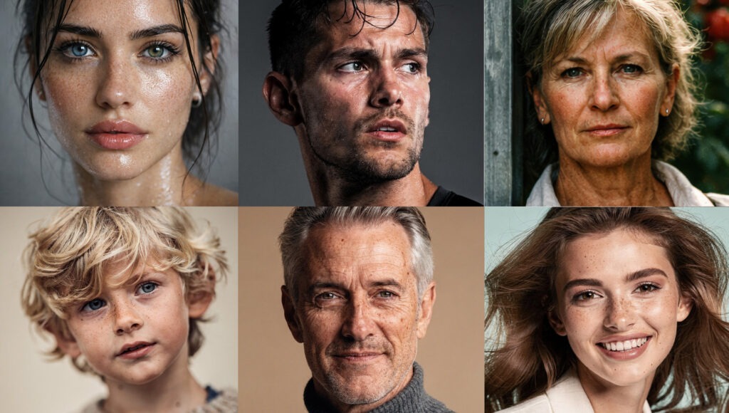 Professionelles Charakter-Übersichtsbild im 16:9 Format mit 6 unterschiedlichen Porträts: Frauen, Männer und ein Kind in Studio-Qualität, Demonstration von Diversität und fotorealistischer KI-Technik von The Impression.