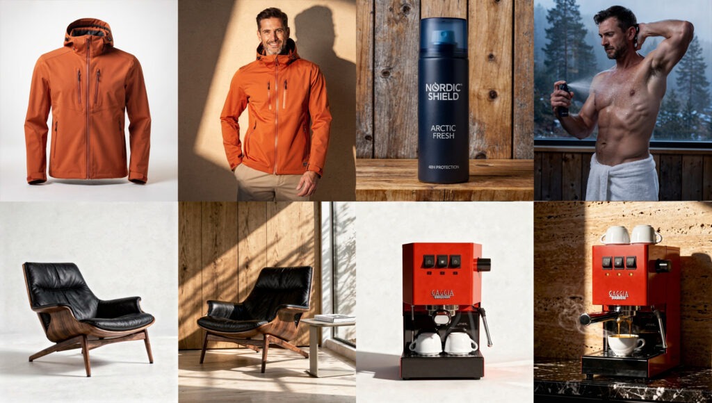 8-teiliges Vergleichs-Grid: E-Commerce-Packshots (Ghost Mannequin, Studio) direkt gegenübergestellt mit Lifestyle-Szenarien (Outdoor, Spa, Interior, Kitchen) für Jacken, Deodorant, Sessel und Espressomaschinen, Portfolio von The Impression.