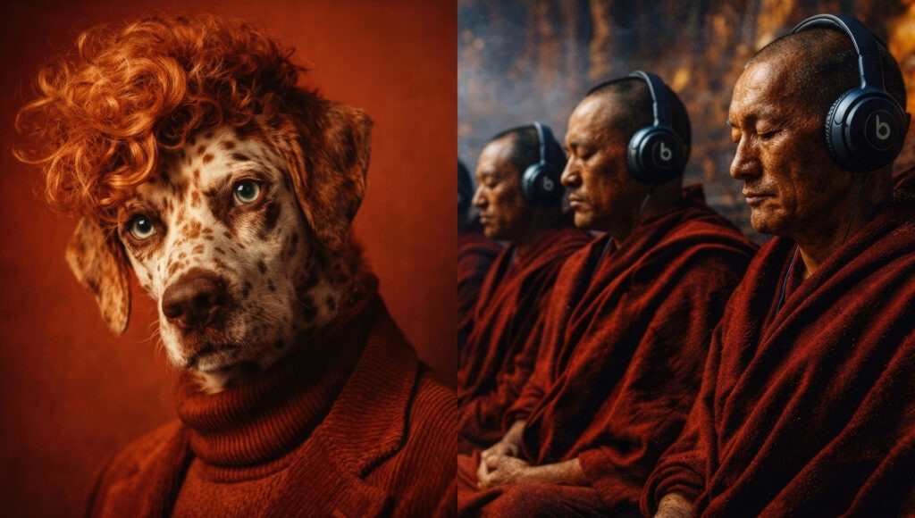 Kreative KI-Bildstrecke: Porträt eines Hundes im roten Rollkragenpullover mit lockiger Perücke und betende Mönche mit Beats-Kopfhörern, visionäre Konzeptkunst von The Impression.