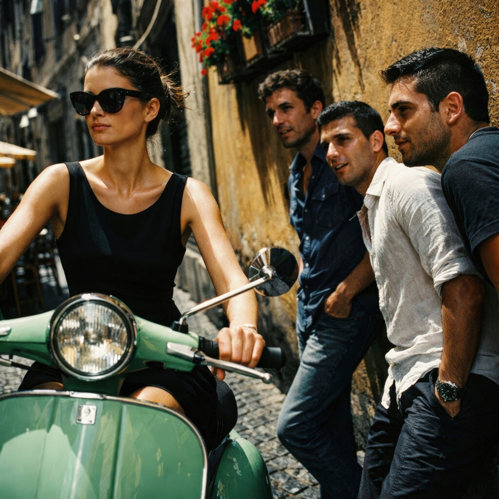 KI-generierte Lifestyle-Szene im italienischen Stil: Frau auf einer grünen Vespa und eine Männergruppe in einer sonnigen Gasse – Art Directed by The Impression.