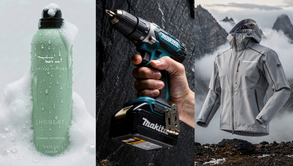 Produkt-Triptychon mit drei KI-Szenarien: Mintgrünes Duschgel in weißem Schaum, Akku-Bohrschrauber in einer Hand vor Felswand und technische Outdoor-Jacke in nebliger Berglandschaft, High-End Portfolio-Arbeit von The Impression.