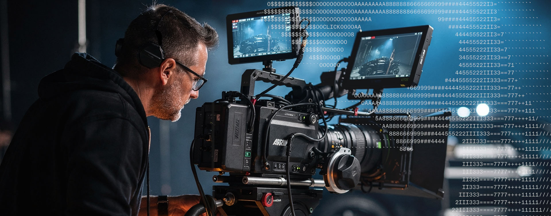Cineastische 16:9-Großaufnahme: Ein Kameramann an einer Arri-Alexa-Kamera, überlagert mit digitalem Binärcode und ASCII-Grafik, Fokus auf professionelle Filmproduktion und KI-Technologie, Art Direction von THE IMPRESSION.