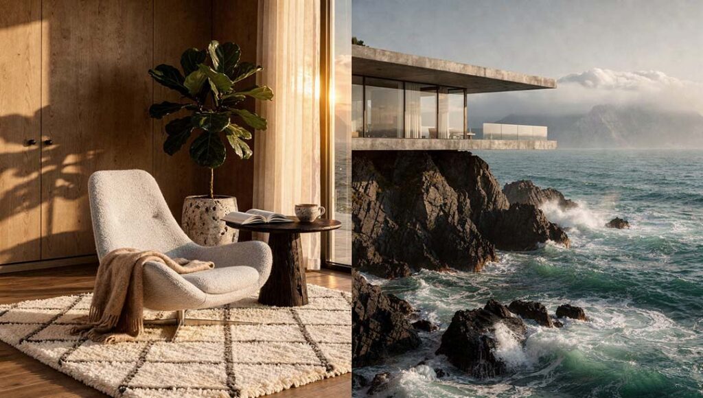 Nahtloser 16:9 Split-Screen: Warmes Luxus-Interieur mit Bouclé-Sessel und Wollteppich neben einer modernen Beton-Villa an einer stürmischen