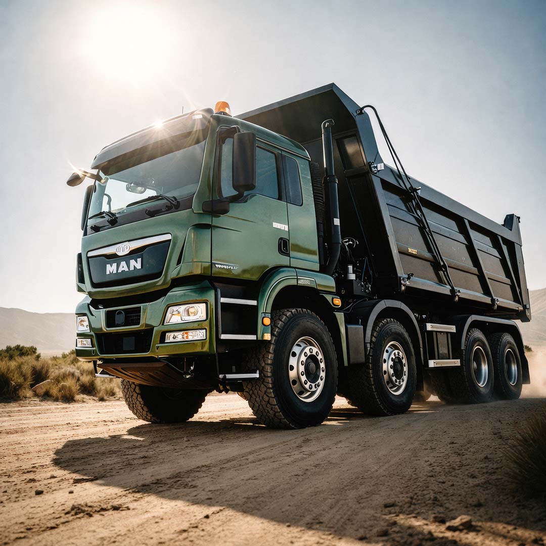 Heroische Automotive-Fotografie: Grüner MAN TGS Kipper auf einer staubigen Wüstenpiste, dramatisches Gegenlicht der tiefstehenden Sonne, Fokus auf massive Reifenprofile und metallische Reflexionen, High-End Art Direction von THE IMPRESSION.