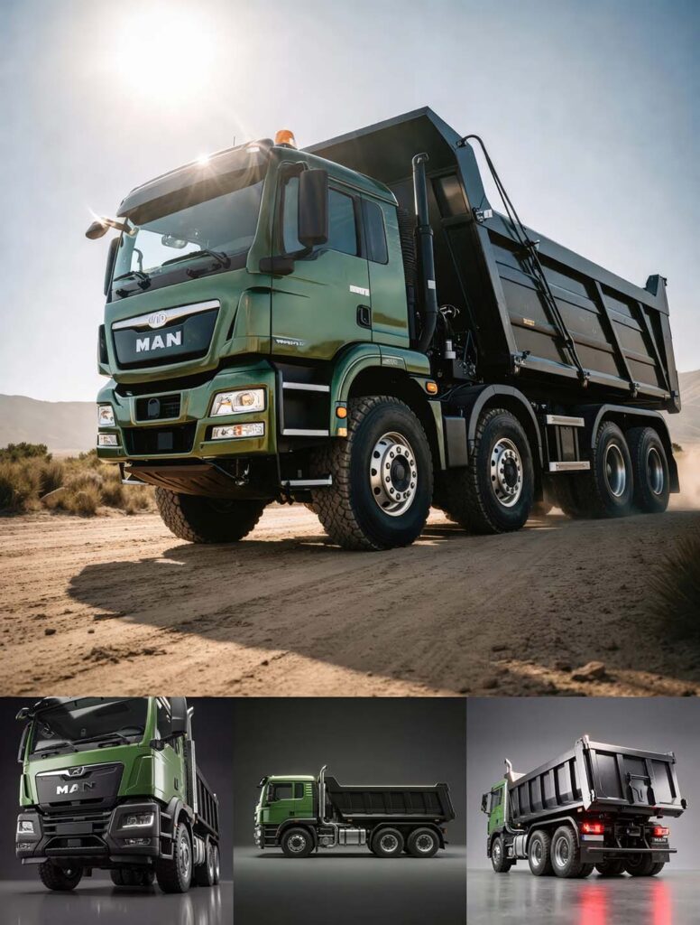 Hartscharfe Automotive-Fotografie: Grüner MAN TGS Kipper auf einer staubigen Piste bei Gegenlicht, ergänzt durch professionelle Studio-Ansichten (Front, Profil, Heck), Fokus auf industrielle Details und Lichtreflexionen, Art Direction von THE IMPRESSION.