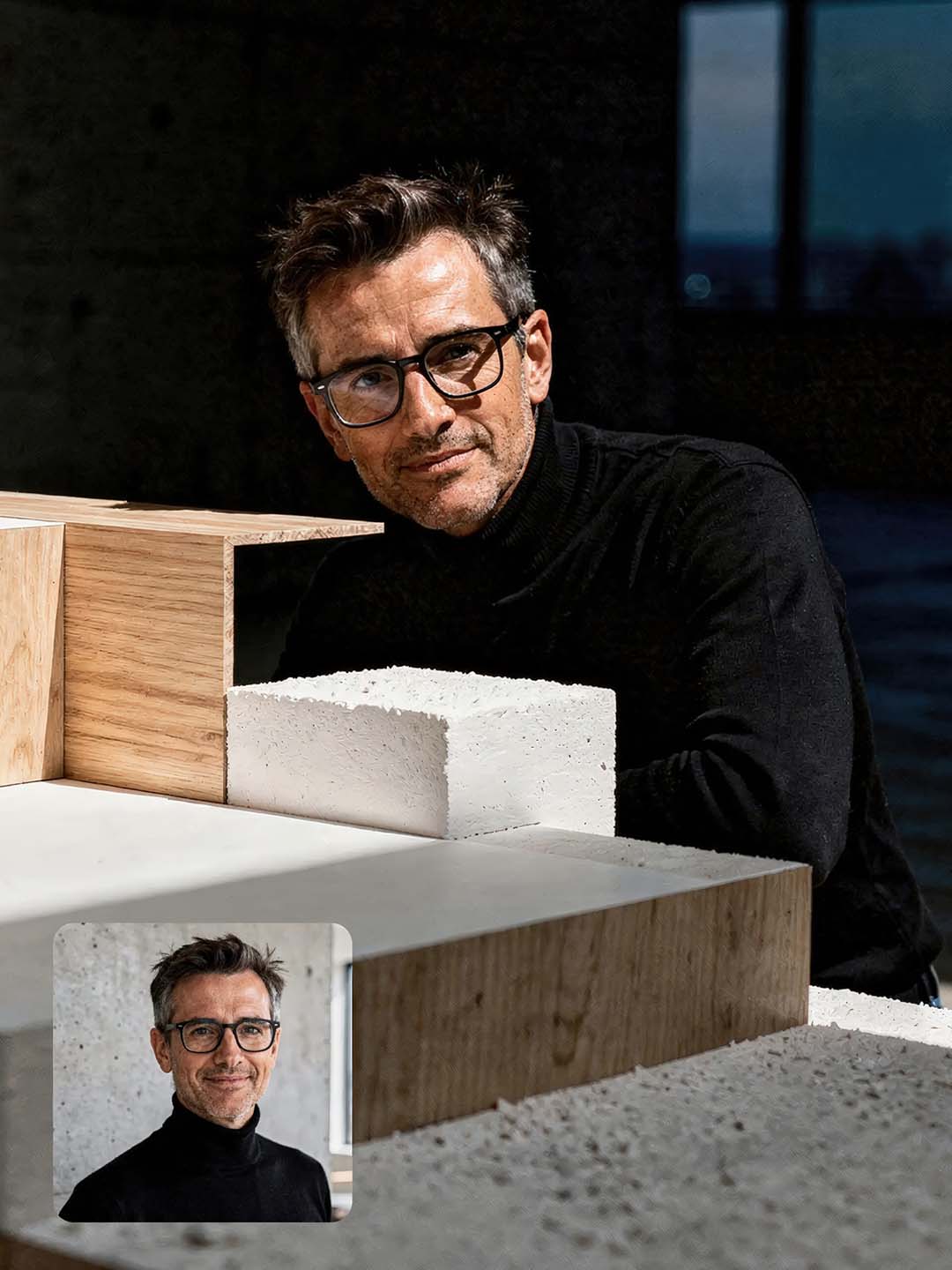 Cineastisches 1:1 Portrait eines Architekten mit Brille und schwarzem Rollkragenpullover, hinter einem Architekturmodell aus Beton und Holz, dramatisches Chiaroscuro-Licht, hoher Detailgrad, High-End Art Direction von THE IMPRESSION.