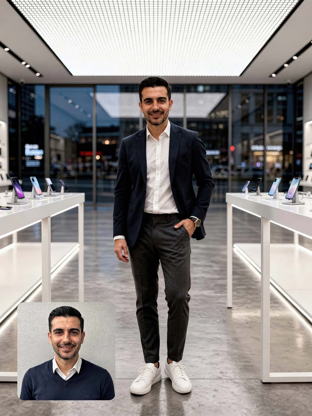 Cineastisches Ganzkörper-Portrait eines Mannes im Sakko und weißen Sneakern, stehend in einem futuristischen Tech-Store mit Glasfront, Fokus auf professionelle Ausstrahlung und modernes Umfeld, High-End Portrait-Transformation von THE IMPRESSION.