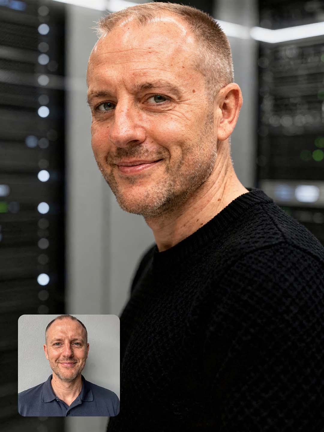 Cineastisches 1:1 Portrait eines IT-Experten vor Server-Racks, weiches Seitenlicht, extrem hoher Detailgrad der Hauttextur und Kleidung, Fokus auf Professionalität und Technologie, High-End Art Direction von THE IMPRESSION.