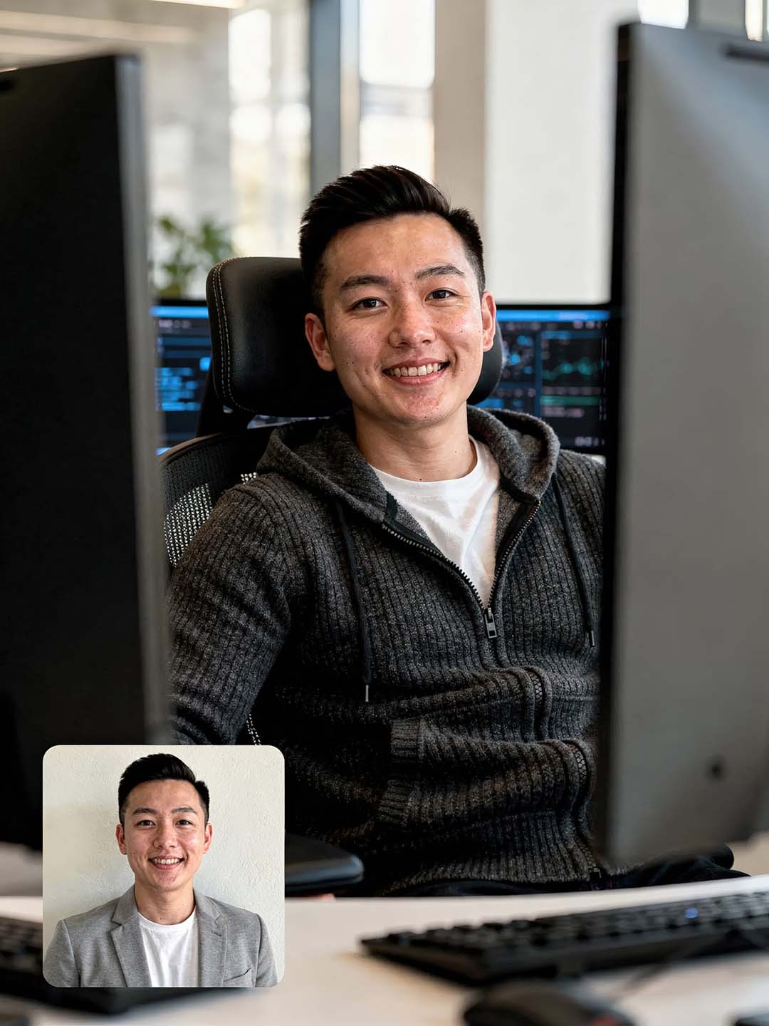 Cineastisches 1:1 Portrait eines lächelnden Software-Entwicklers zwischen mehreren Monitoren, Fokus auf authentische Hauttextur und Strick-Details, technologischer Hintergrund im Bokeh, High-End Portrait-Transformation von THE IMPRESSION.
