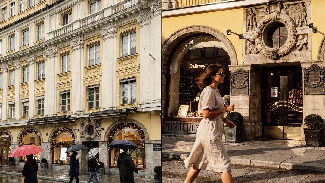 Hartscharfer 1:1 Lifestyle-Shot: Das Dallmayr-Stammhaus in München an einem regentag und sonnigen Sommernachmittag, Passanten im Motion Blur, goldene Lichtführung und exklusive Atmosphäre von The Impression.