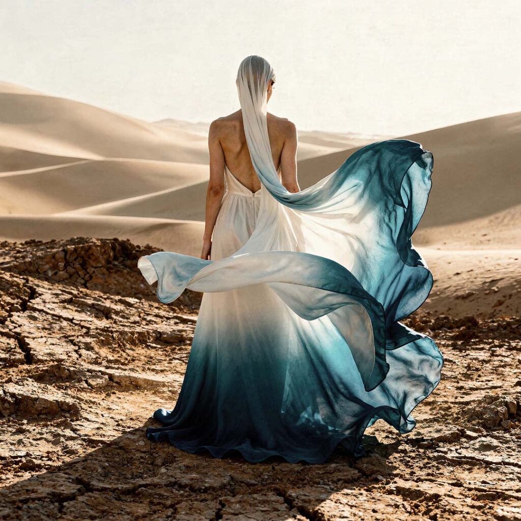 Hartscharfe 1:1 Fashion-Fotografie: Frau im rückenfreien Ombré-Kleid (Weiß zu Türkis) in einer weiten Wüstenlandschaft, fließender Chiffon im Wind, kontrastreicher rissiger Erdboden, High-End Art Direction von THE IMPRESSION.