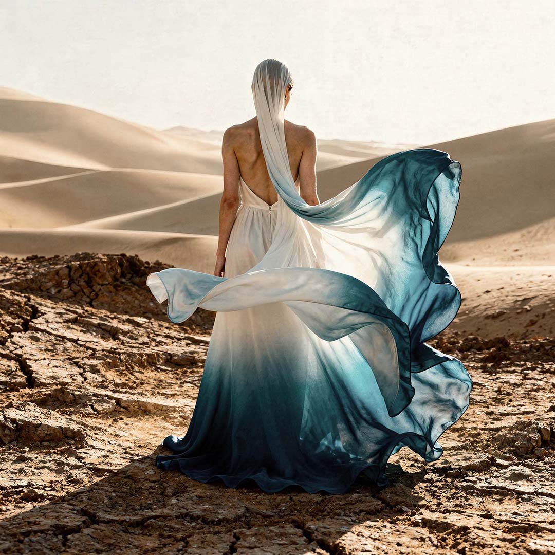 Hartscharfe 1:1 Fashion-Fotografie: Frau im rückenfreien Ombré-Kleid (Weiß zu Türkis) in einer weiten Wüstenlandschaft, fließender Chiffon im Wind, kontrastreicher rissiger Erdboden, High-End Art Direction von THE IMPRESSION.