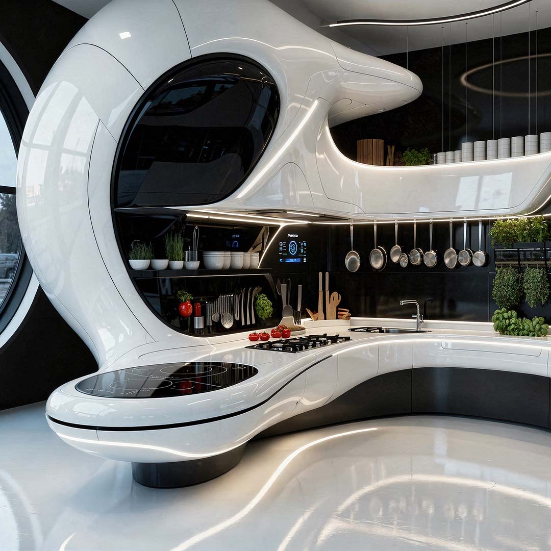 Hartscharfe 1:1 Architekturfotografie: Eine futuristische, weiß-schwarze Küche mit fließenden, organischen Kurven, integrierten Bildschirmen und Kräutergarten, High-End Licht-Design, Art Direction von THE IMPRESSION.