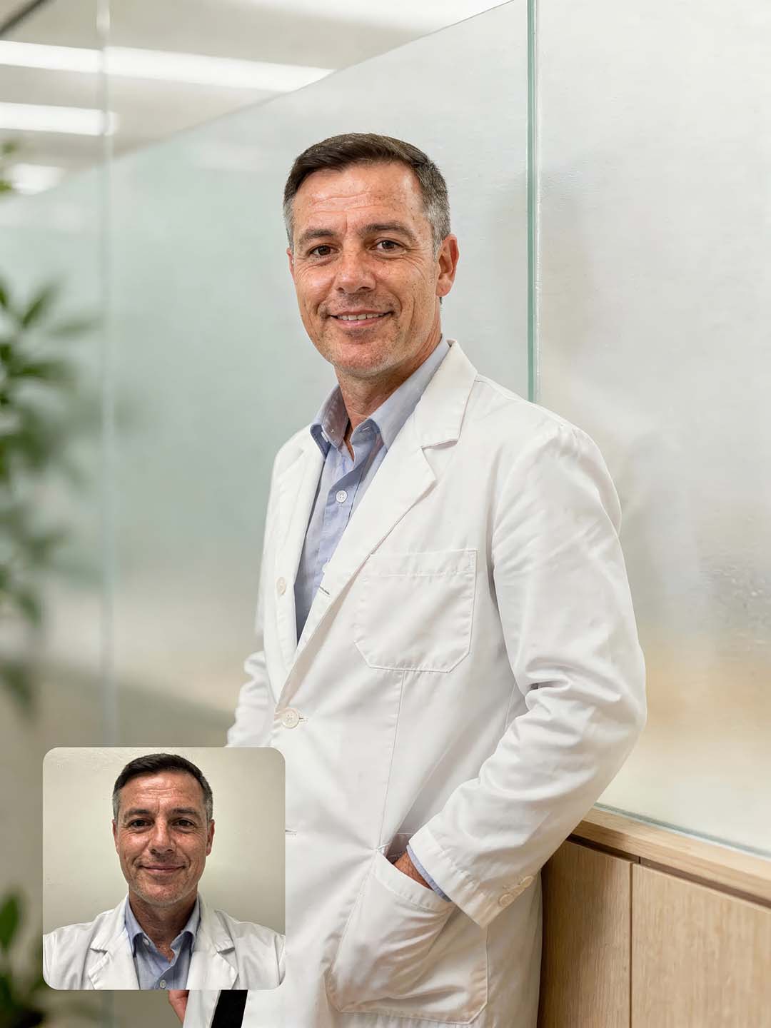 Cineastisches 1:1 Porträt eines Arztes im weißen Kittel, entspannt an eine Glaswand in einer modernen Klinik gelehnt, weiches Tageslicht, extrem hoher Detailgrad der Haut- und Stofftexturen, Art Direction von THE IMPRESSION.