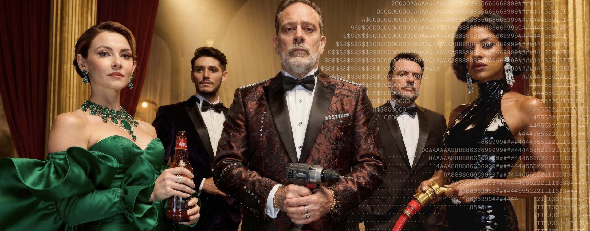 Finaler High-End Hero-Shot: Schauspieler in Gala-Garderobe halten eine Bohrmaschine und eine Gartenschlauch-Düse vor goldenen Säulen, Fokus auf Material-Kontraste und Licht-Veredelung von The Impression.