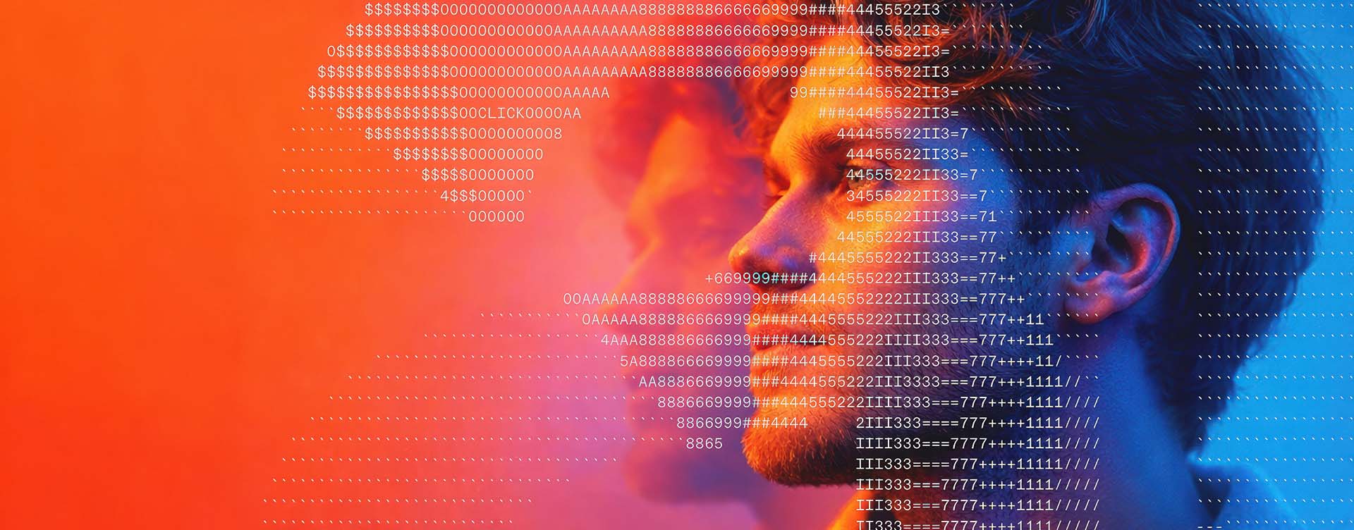 Farbenfrohes Hero-Image in Blau und Orange: Profilansichten von Menschen, die mit digitalem ASCII-Code verschmelzen, repräsentiert die dynamische KI-Bildproduktion und Skalierbarkeit von The Impression.