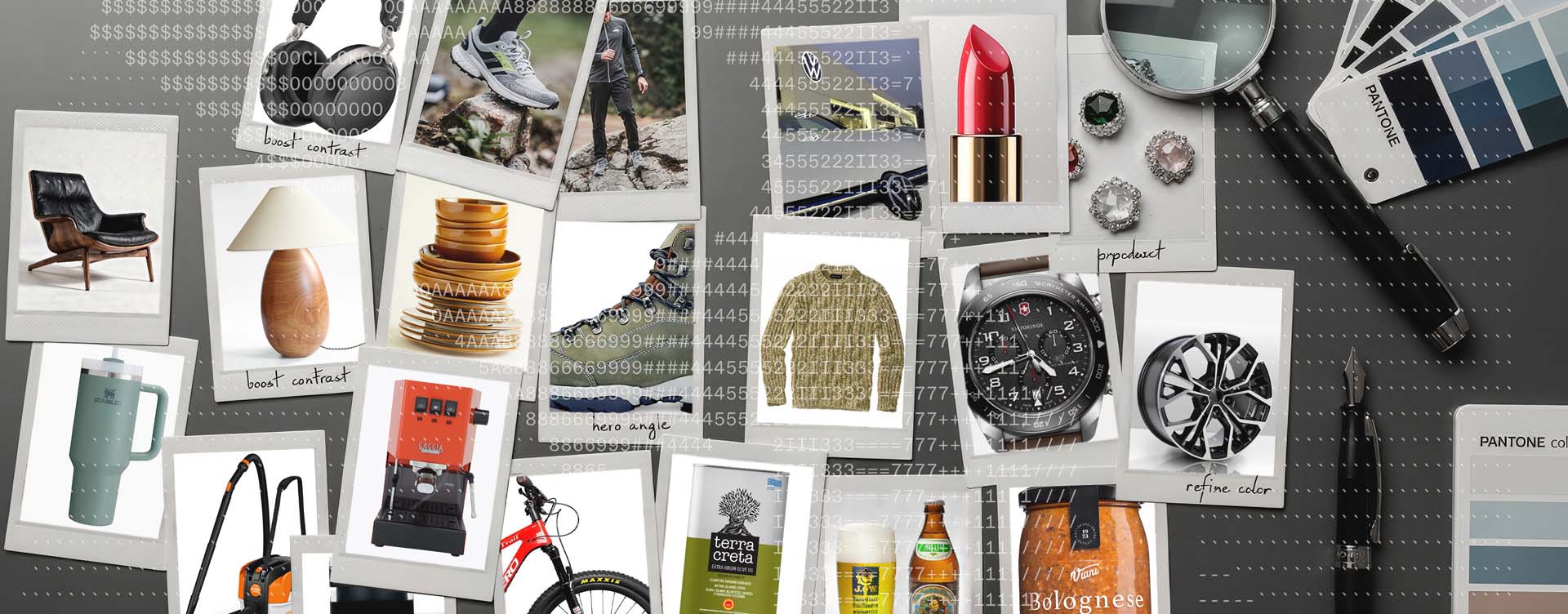 Draufsicht auf einen modernen grauen Studiotisch mit zahlreichen Sofortbildern verschiedener E-Commerce-Produkte (Schuhe, Uhren, Möbel, Getränke), Lupe, Pantone-Fächer und technischem Code-Overlay, Hero-Image von The Impression.