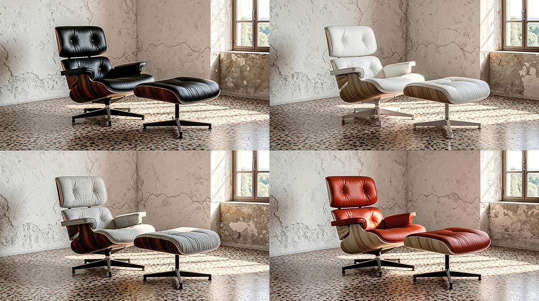 Hartscharfer 16:9 Quad-Split: Authentischer Eames Lounge Chair in vier Material-Varianten auf antikem Terrazzo-Boden, Fokus auf Design-Präzision und handwerkliche Details von The Impression.