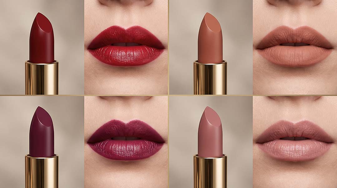 Hartscharfer 16:9 Quad-Split: Vier verschiedene Lippenstift-Farben der gleichen Marke, jeweils mit Produktansicht und Makro-Anwendung auf den Lippen, High-End Beauty-Art-Direction von The Impression.