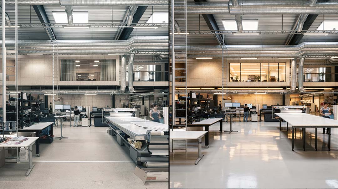 Hartscharfe Architektur-Fotografie: Ein modernes Industrie-Interieur mit hellen Holzpaneelen und glänzenden Belüftungsrohren, perfekt aufgeräumt und professionell ausgeleuchtet, High-End Art Direction von The Impression.