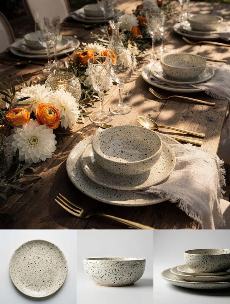 Hartscharfe 1:1 Produkt- und Lifestyle-Fotografie: Modernes Steinzeug-Geschirr mit Sprenkel-Optik auf einem rustikalen Holztisch im Freien, Dekoration mit Ranunkeln und Dahlien, sanftes Sonnenlicht, Art Direction von THE IMPRESSION.