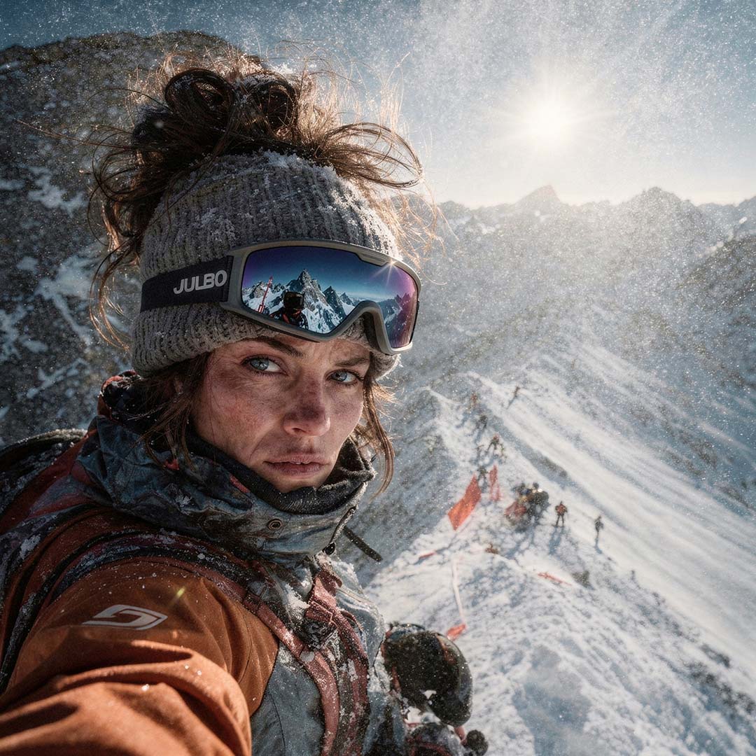 Hartscharfe vertikale Outdoor-Fotografie: Eine Bergsteigerin mit Julbo ULTIMATE COVER Sonnenbrille auf einem eisigen Grat, Fokus auf Branding und Materialdetails, Art Direction von The Impression.