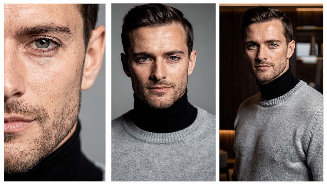 Fotorealistisches Triptychon eines Mannes im grauen Strickpullover: Makro-Aufnahme der Gesichtshaut, frontales Studio-Porträt und Editorial-Shot in hochwertiger Architektur, KI-Charakterstudie von The Impression.