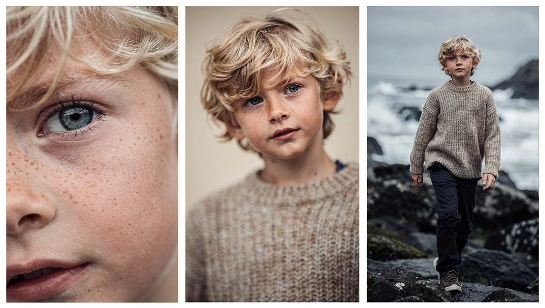 Fotorealistisches Triptychon eines blonden Jungen in nordischer Strickmode: Makro-Hautaufnahme mit Sommersprossen, emotionales Porträt und Editorial-Shot an einer felsigen Küste, KI-Art-Direction von The Impression.