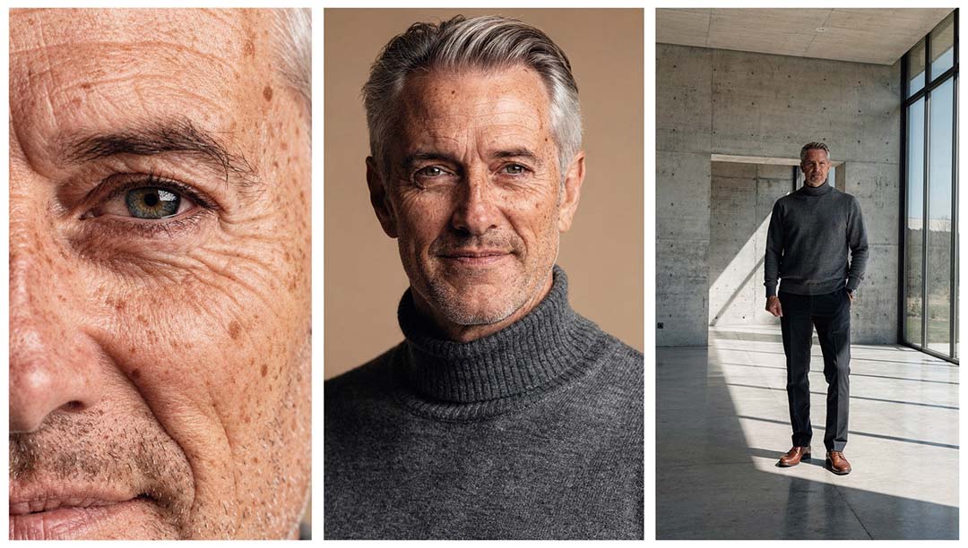 Fotorealistisches Triptychon eines Mannes in den 50ern: Makro-Hautaufnahme mit Lachfalten, emotionales Porträt im Rollkragenpullover und Full-Body-Shot in moderner Architektur, hochwertige KI-Produktion von The Impression.