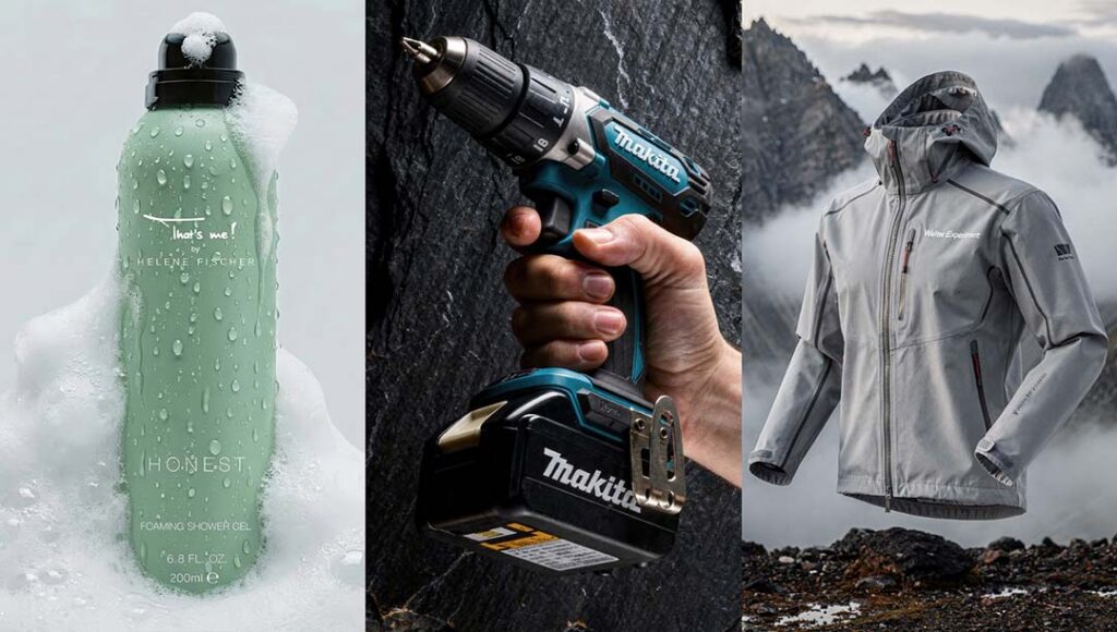 Produkt-Triptychon mit drei KI-Szenarien: Mintgrünes Duschgel in weißem Schaum, Akku-Bohrschrauber in einer Hand vor Felswand und technische Outdoor-Jacke in nebliger Berglandschaft, High-End Portfolio-Arbeit von The Impression.