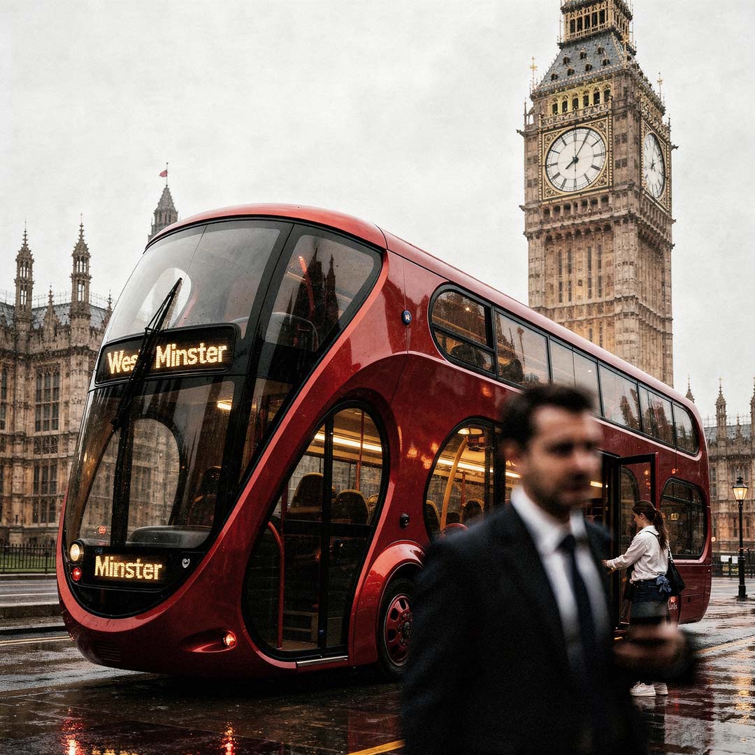 Hartscharfe 1:1 Konzept-Fotografie: Ein futuristischer roter Doppeldeckerbus im typischen Londoner Regen vor dem Big Ben, authentisches Stadtleben mit Motion-Blur-Effekten und fotorealistischen Texturen von The Impression.