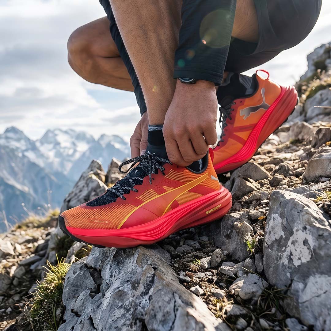 Hartscharfes 9:16 Sport-Editorial: Ein Läufer adjustiert seinen orangefarbenen Puma Deviate Nitro Elite Schuh auf einem schroffen Berggipfel, Fokus auf Materialdetails und alpine Umgebung, hochwertige KI-Produktion von The Impression.