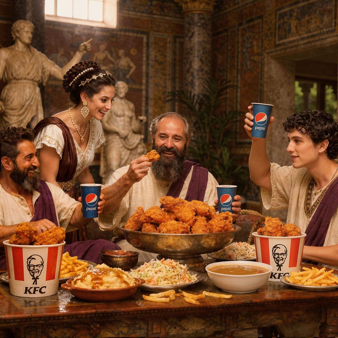 Hartscharfer 1:1 Cinematic-Shot: Antike römische Senatoren beim Bankett mit ultra-realistischem KFC-Hähnchen und Pepsi-Bechern, authentische römische Kleidung (Stola) und Haarschnitte, High-End Art Direction von The Impression.