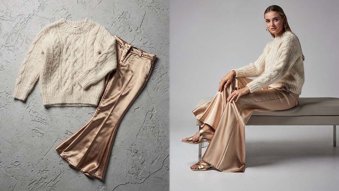 Hartscharfer 16:9 Split-Screen: Links ein Flatlay aus Alpaka-Strick und Seide, rechts ein Model im gleichen Outfit, High-End Fashion-Art-Direction von The Impression.