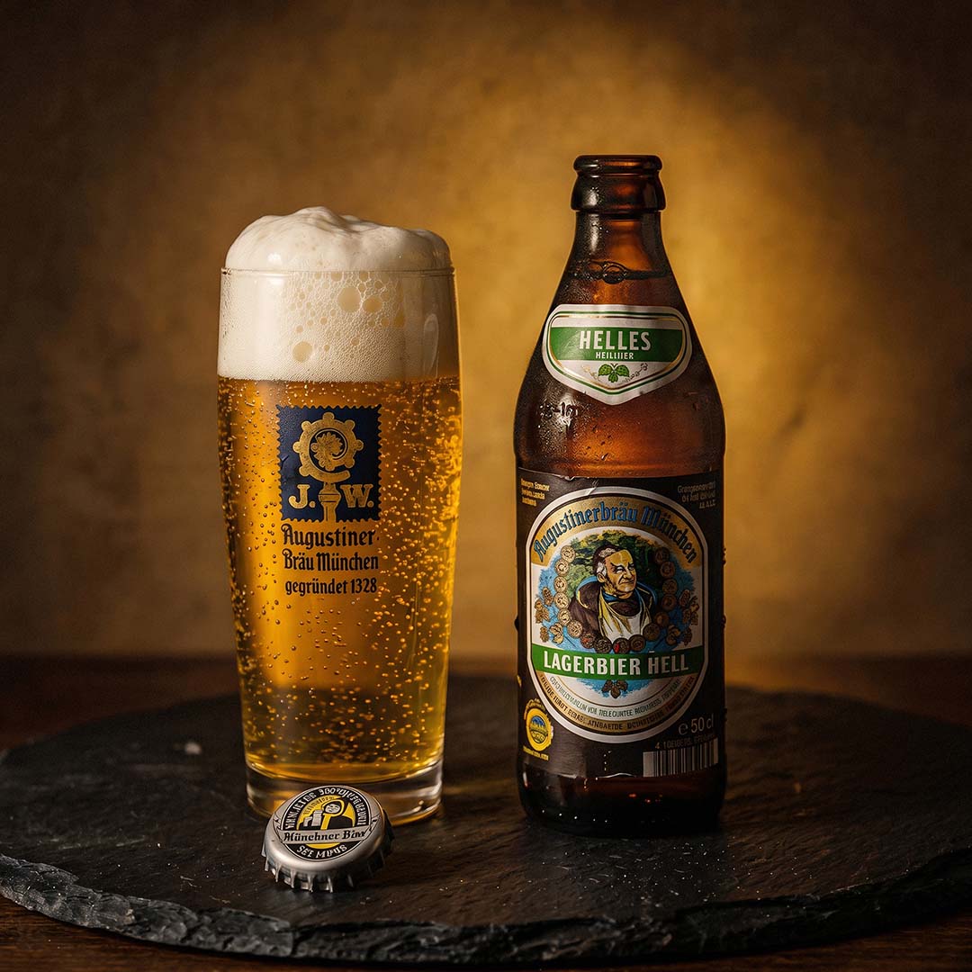 Hartscharfer High-End Produktshot von Augustiner Hell, optimiert durch Double-Reference-Workflow: Perfekt ausgeleuchtete Etiketten, kristallklares Bier und meisterhafte Komposition auf dunklem Schiefer.