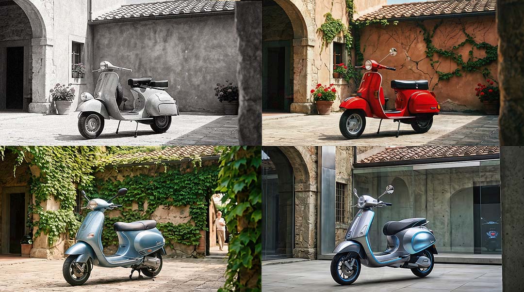 Hartscharfer 16:9 Quad-Split: Vespa-Entwicklung (1956, 1976, 1996, 2026) im selben Hof, simuliert auf zeitgenössischem Filmmaterial, High-End Art Direction von The Impression.
