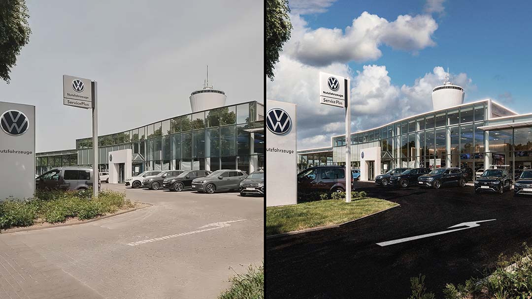 Hartscharfe 4:3 Architektur-Fotografie eines Volkswagen Autohauses: Professionell bereinigter Vordergrund, meisterhafte Lichtkanten auf der Glasfassade und dunkel-matter Asphalt, Art Direction von The Impression.
