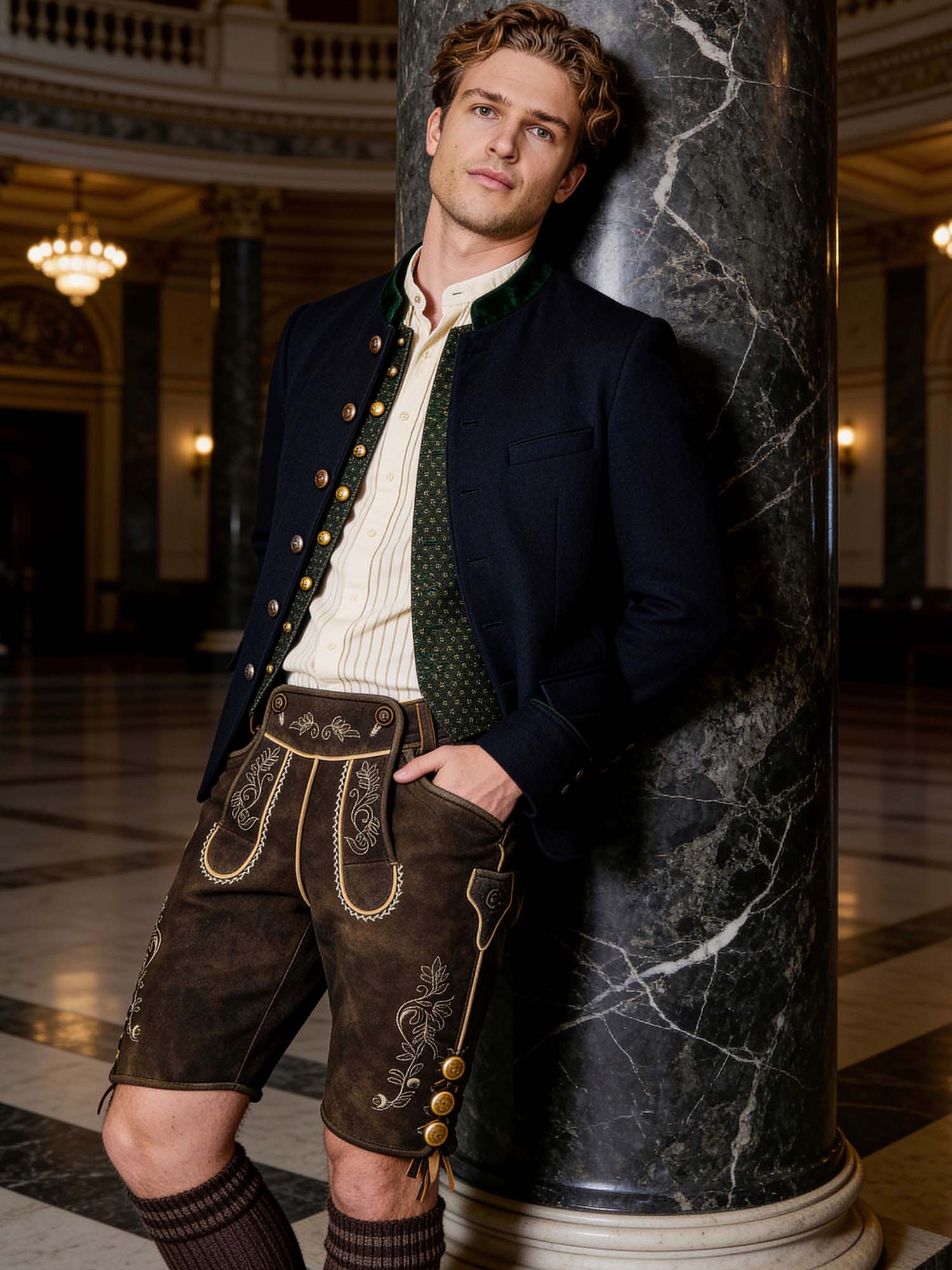 A young man wear traditional Bavarian clothing in his mid-20s, fair skin, visible pores, brown hair, natural features, leans back against a tall stone pillar, one hand tucked into his pocket, the other behind his back. He looks directly at the camera with a calm, serious expression.