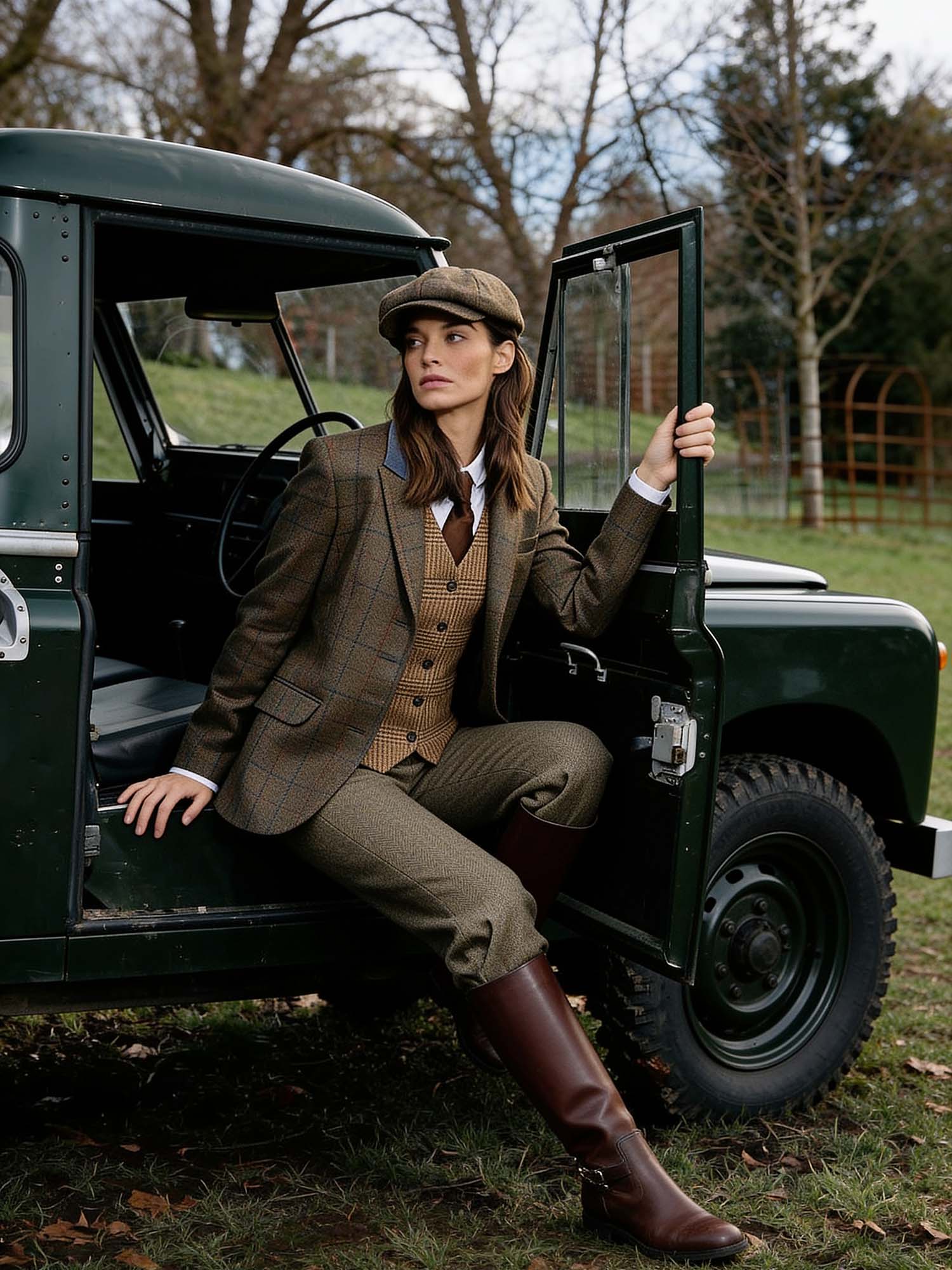 A woman in her early thirties sits in the open driver's door of a vintage green overland 4x4, one leg extended out to the ground, the other bent inside, looking past the lens toward the far fields. She wears the full country-luxe look: a brown herringbone tweed blazer over a matching tweed waistcoat,