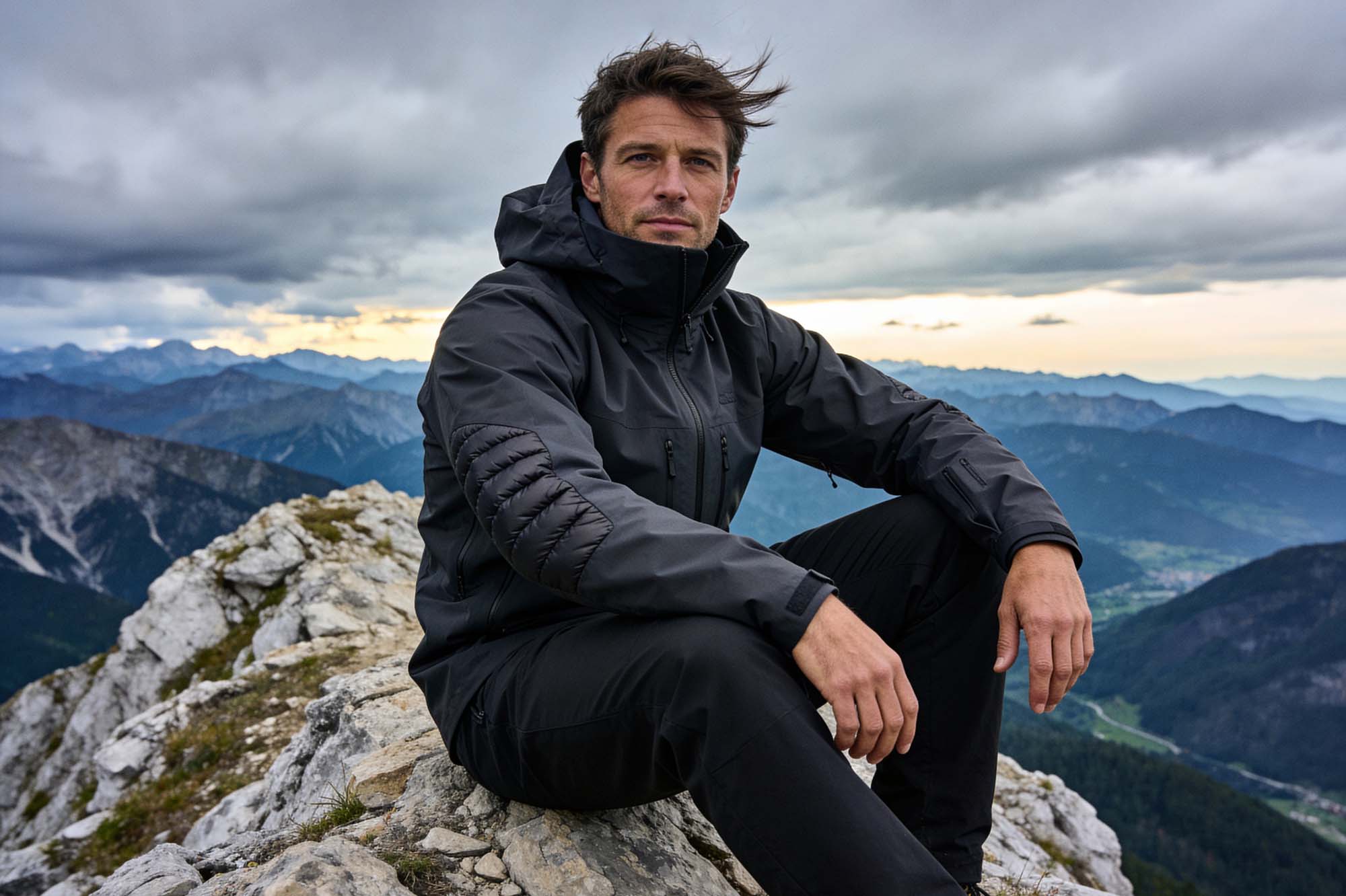 A man sits on a rocky outcrop at a mountain summit, photographed in a medium shot, eye-level, his dark charcoal technical shell jacket fully visible.