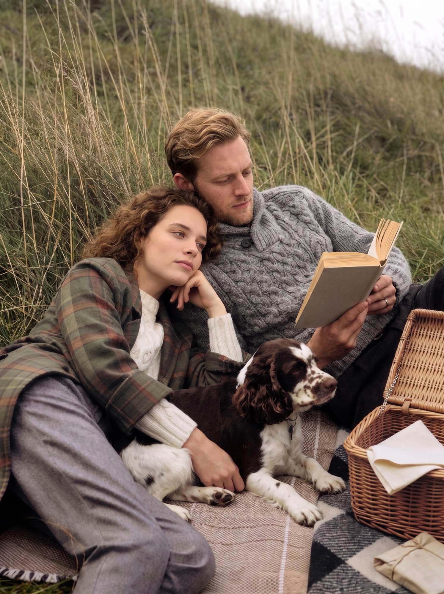 A man and a woman on a picnic blanket in tall grass, early afternoon.Enjoying a relaxed english county picnic together.