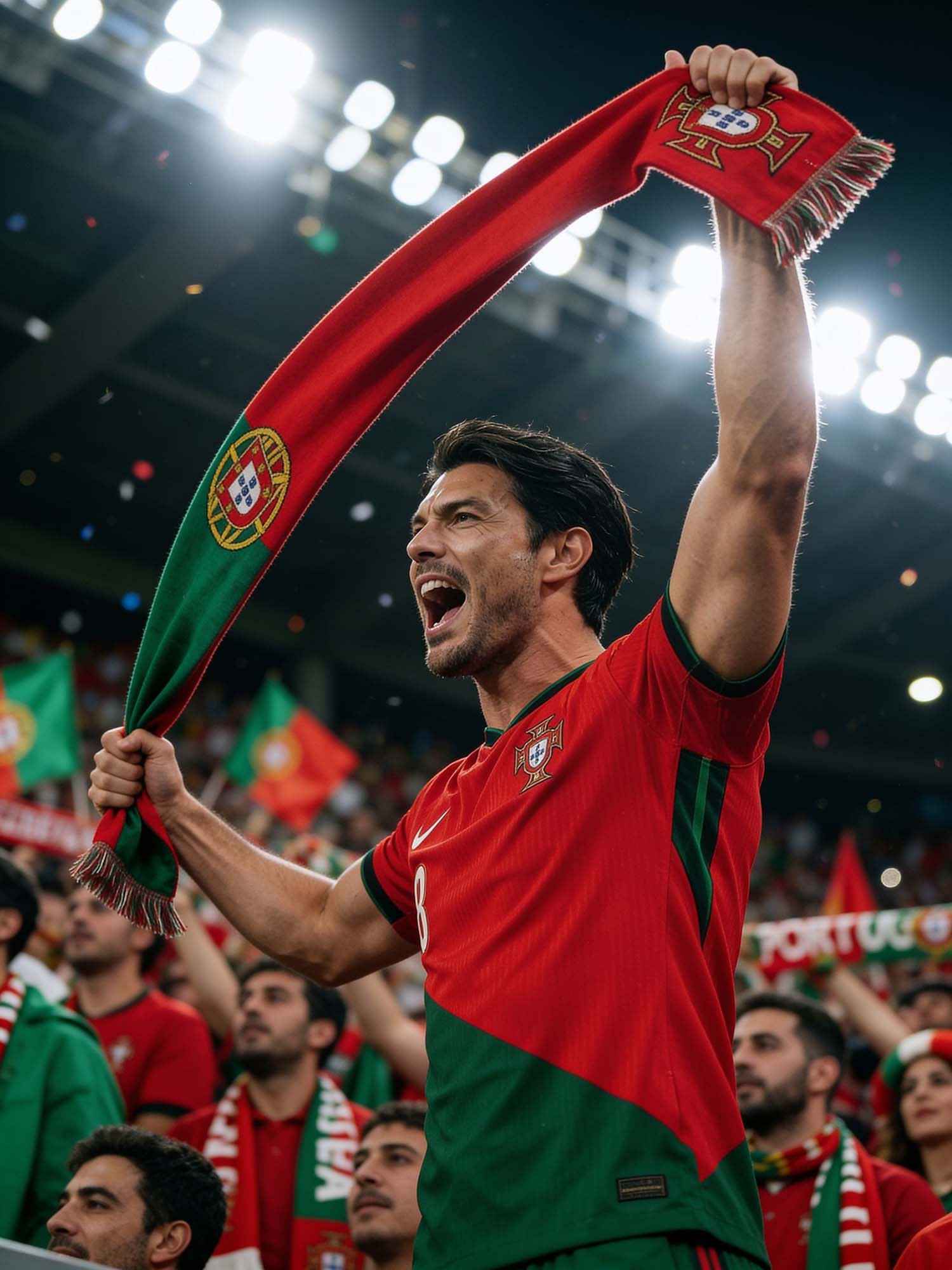 A football stadium shot of a fan cheering for his team