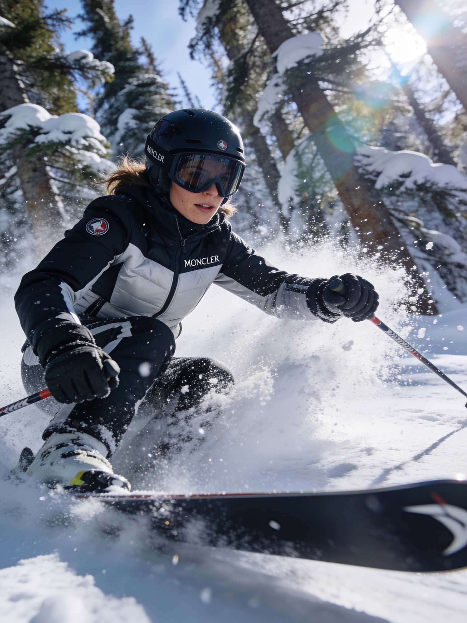 A young woman in a modern Mont Clair ski suit, aggressively maneuvers through a dense snow-covered pine forest, off-piste.