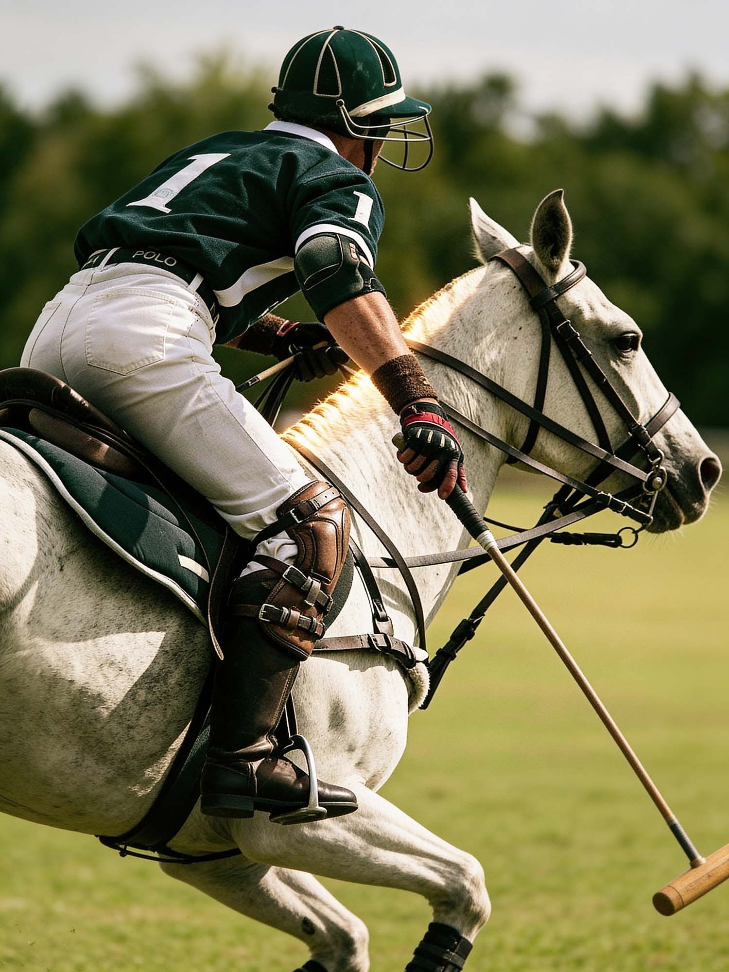 A polo player on a white horse, seen from slightly behind and to the side as the horse surges forward, both mid-reach, frozen by a high shutter speed