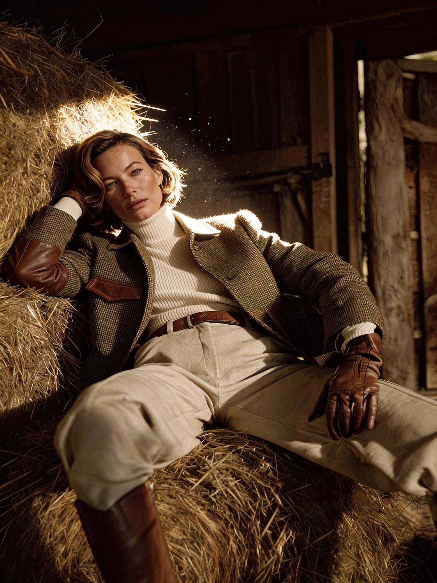 A woman in her early thirties with short wavy brown hair sits on a large bale of hay near a slatted wall, looking directly at the camera with a calm, self-assured neutral expression.